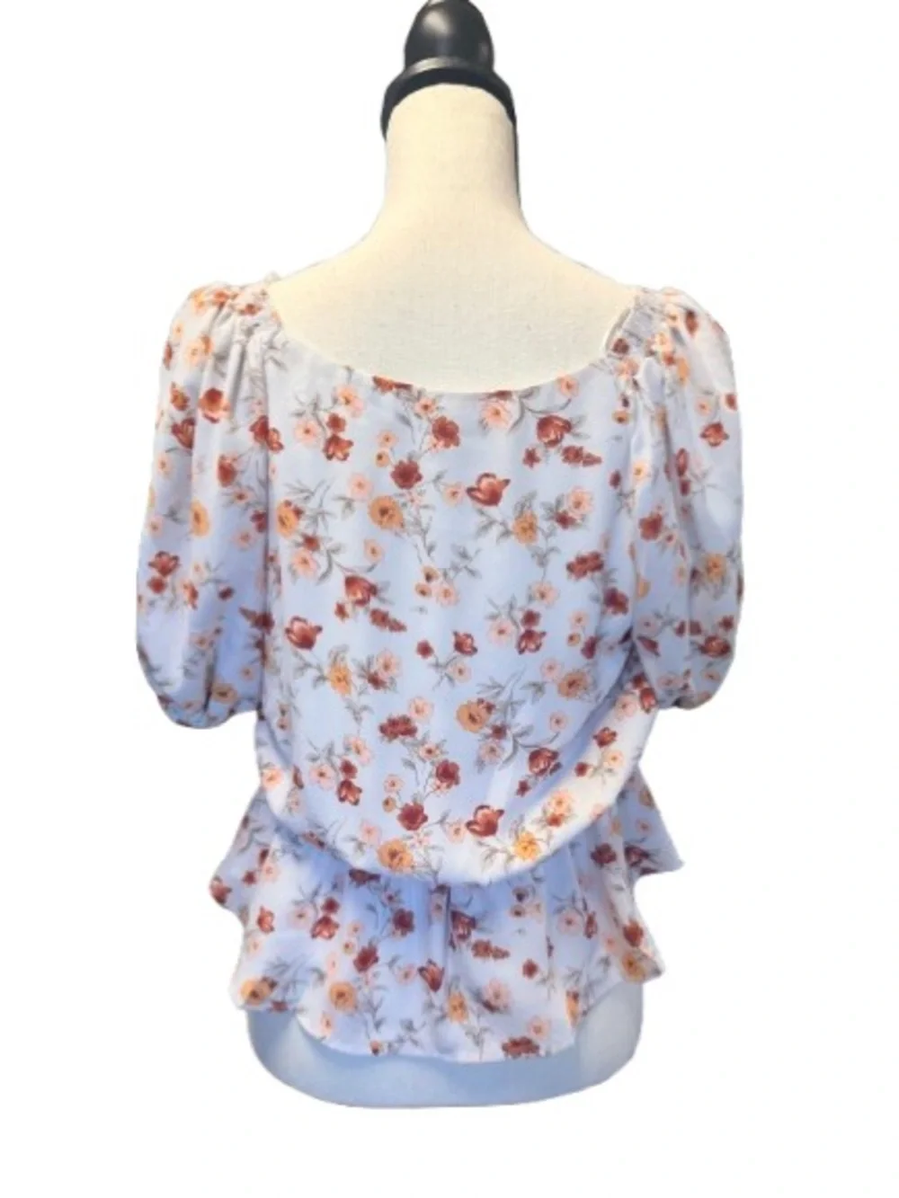 ASTR The Label Taupe Rust Floral Faux Wrap Peplum Blouse Puff Sleeve Medium
